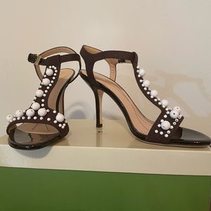 BNIB Kate Spade Looker Brown Linen Heels With White Beads Size 8